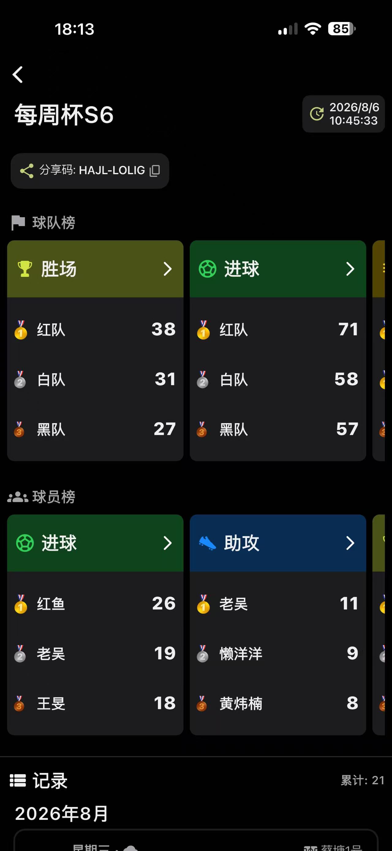 记足球赛事球队榜和球员榜