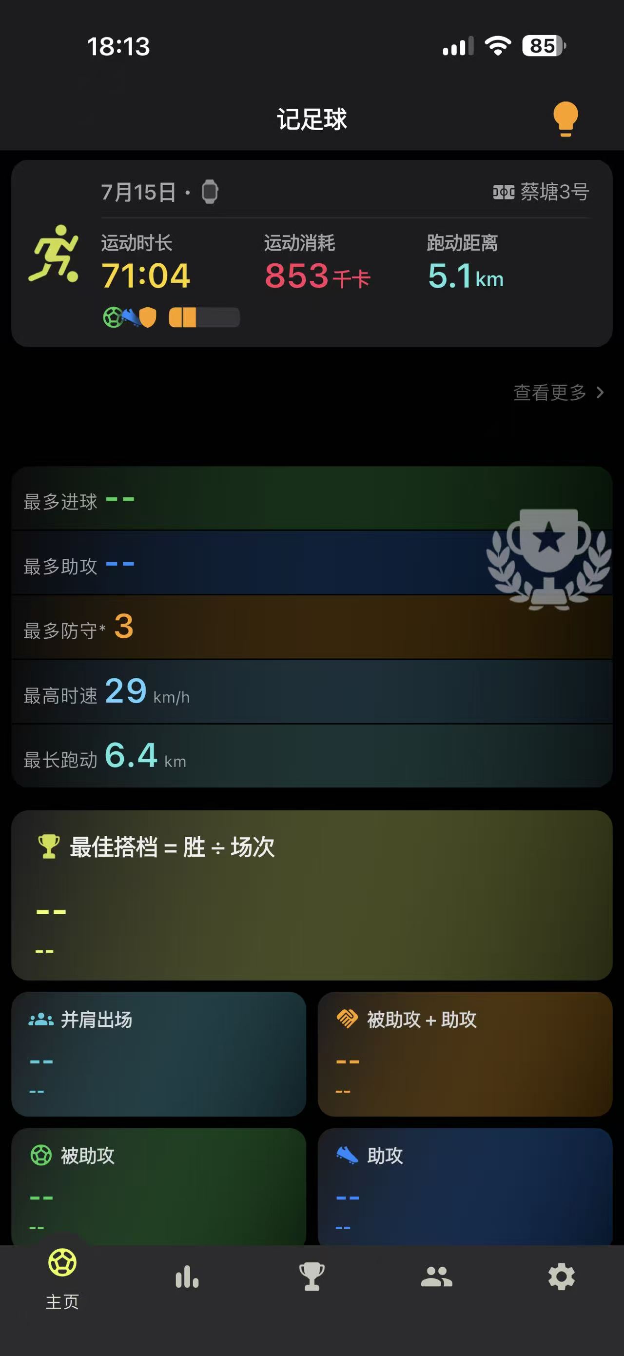 立体手机中的记足球比赛详情页,展示个人比赛表现和高光数据